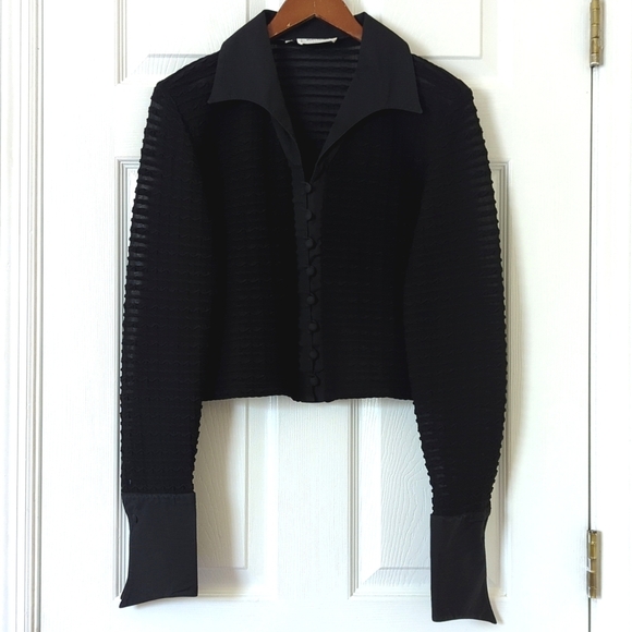 Rayure Paris 90's Vintage Textured Long Sleeve Button Down Cropped Top Black L - Picture 1 of 10
